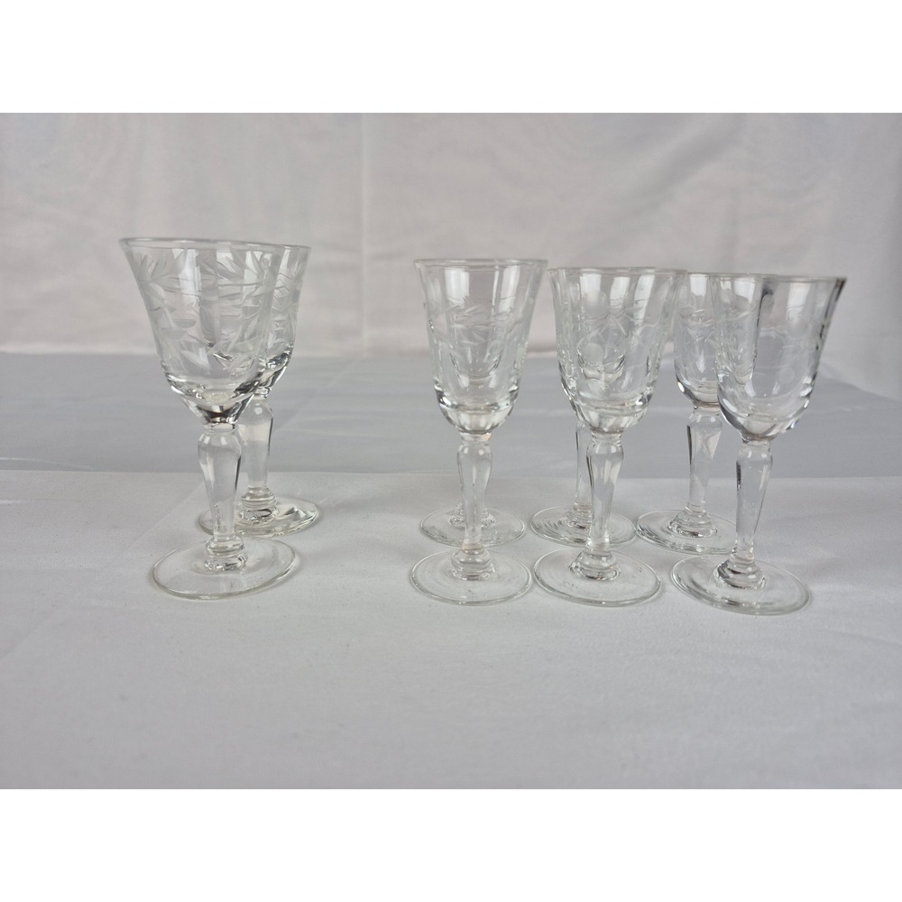 Vintage Mini Etched Cordial Glasses Set Of 8 Floral Stemware Barware MCM